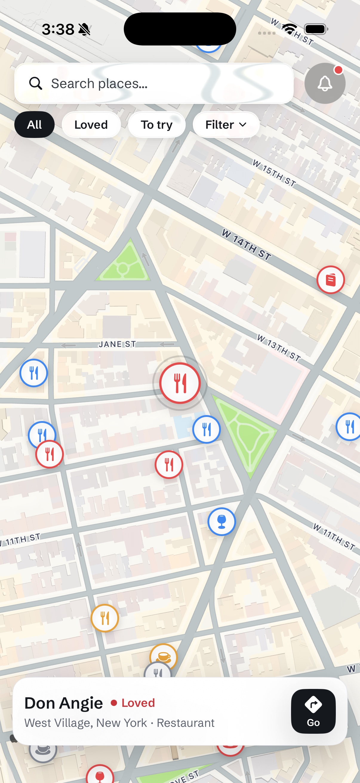 Sauntered’s personal map of saved restaurants and bars in New York, with Don Angie marked Loved.